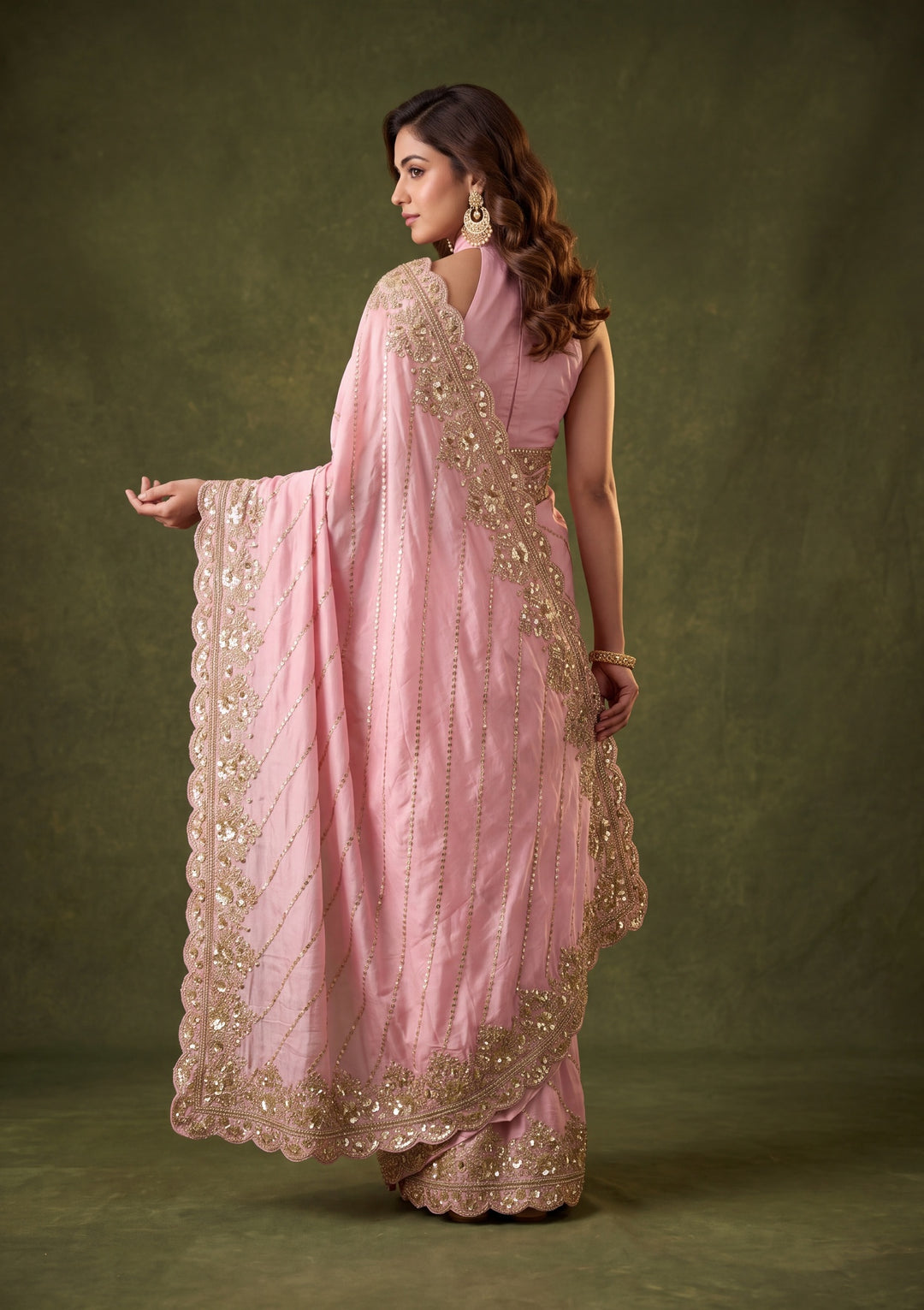 Baby Pink Tissue Sequins Saree With Matching Blouse Piece