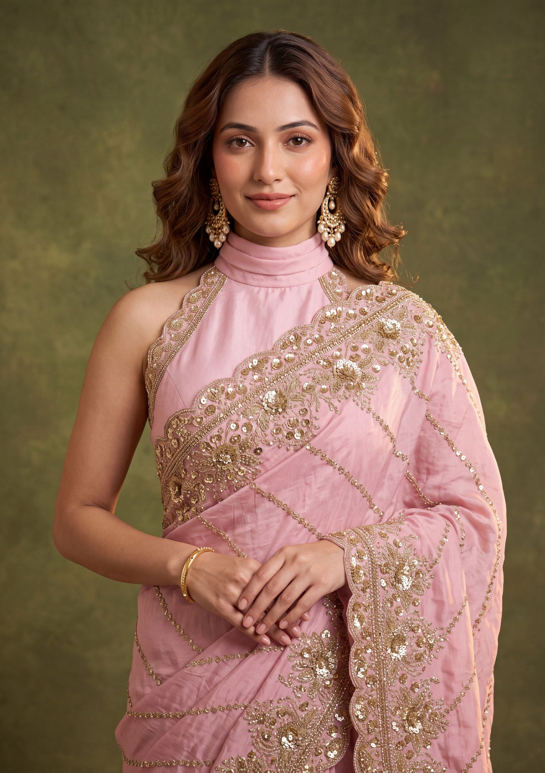 Baby Pink Tissue Sequins Saree With Matching Blouse Piece