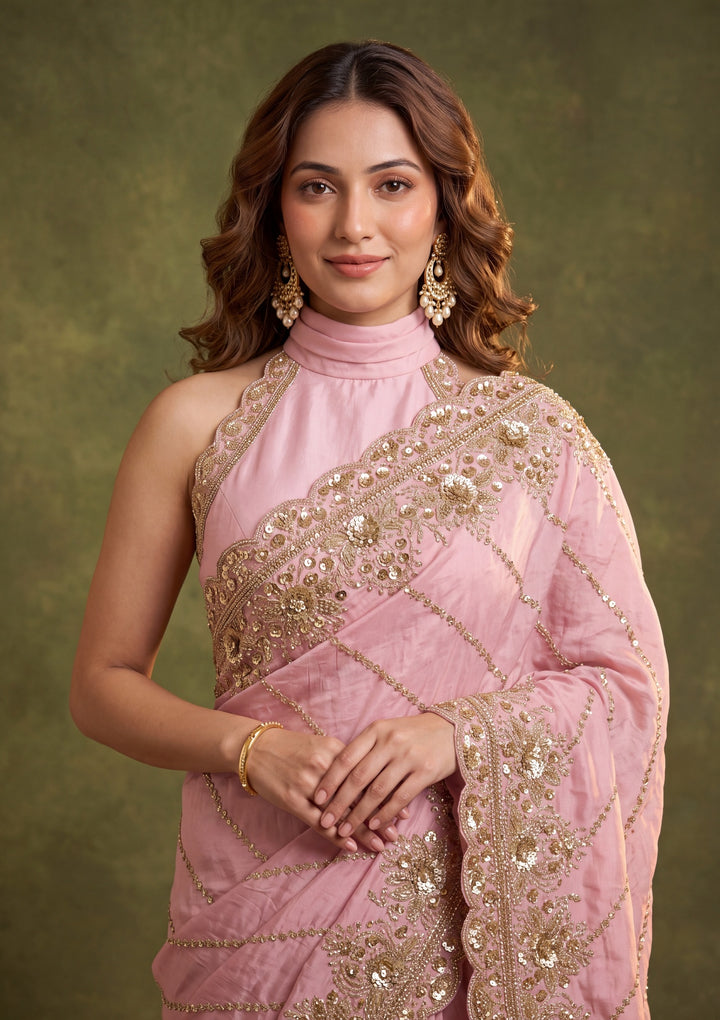 Baby Pink Tissue Sequins Saree With Matching Blouse Piece