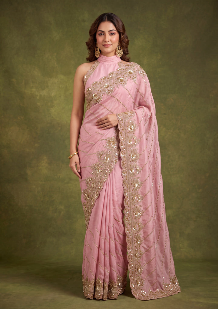 Baby Pink Tissue Sequins Saree With Matching Blouse Piece