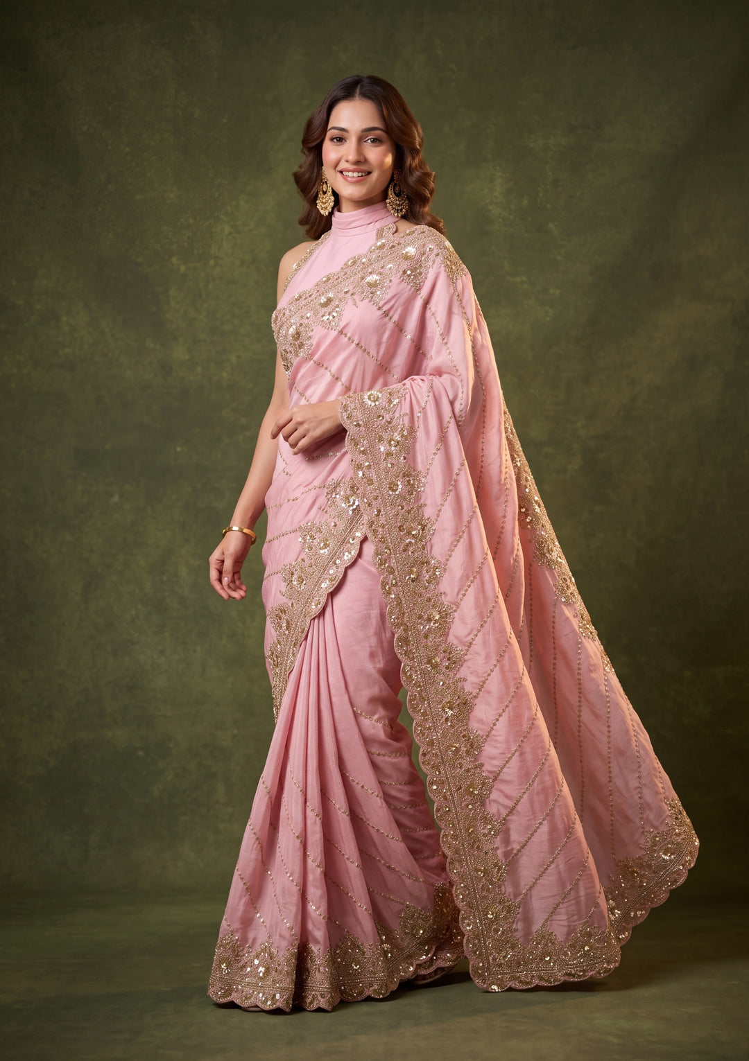Baby Pink Tissue Sequins Saree With Matching Blouse Piece
