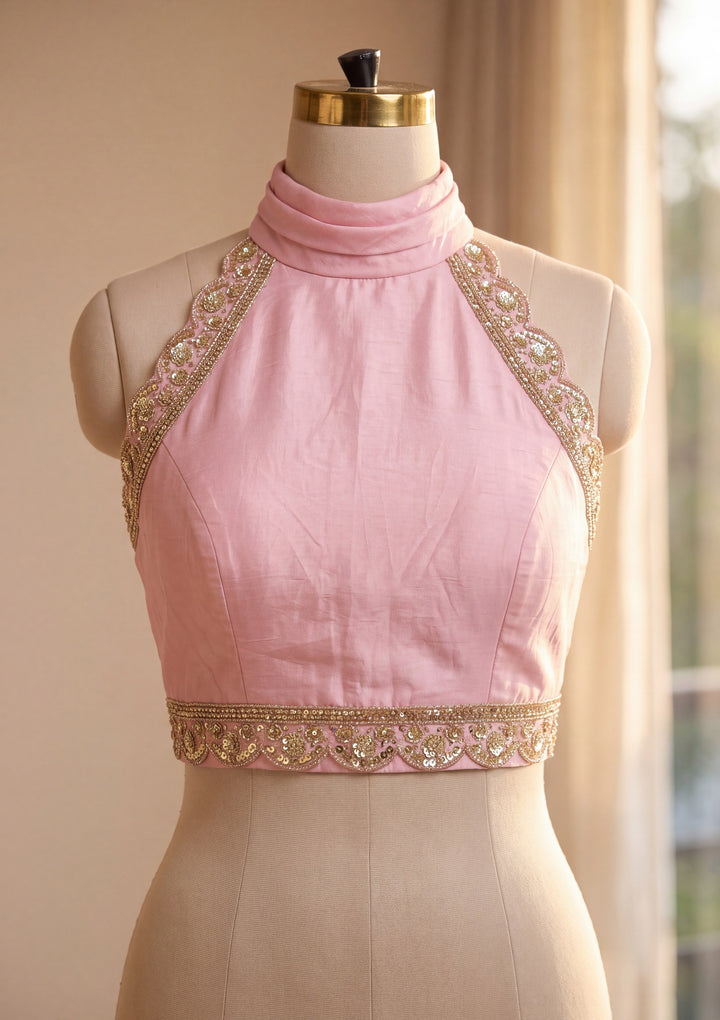 Baby Pink Tissue Sequins Saree With Matching Blouse Piece