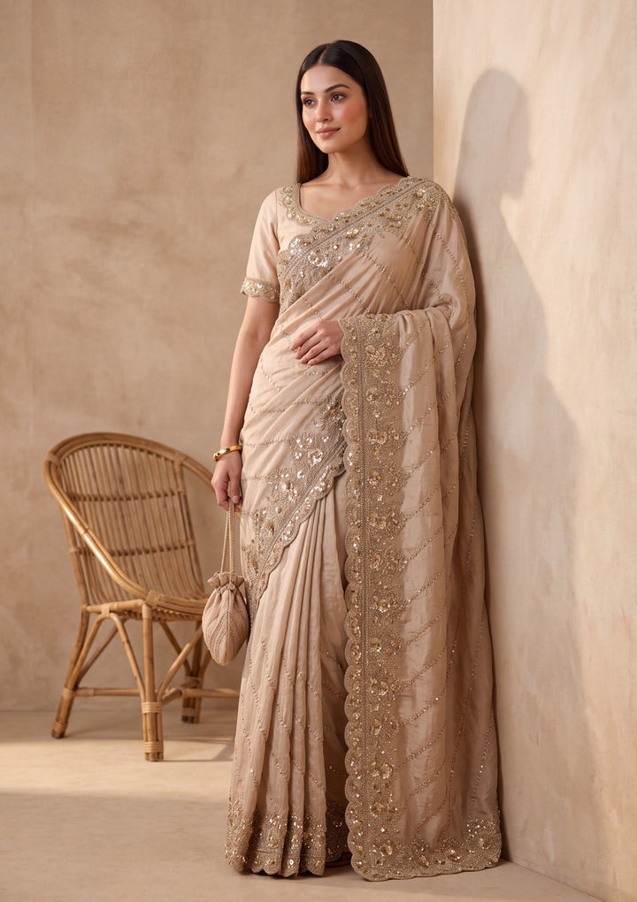 Beige Tissue Sequins Saree With Matching Blouse Piece