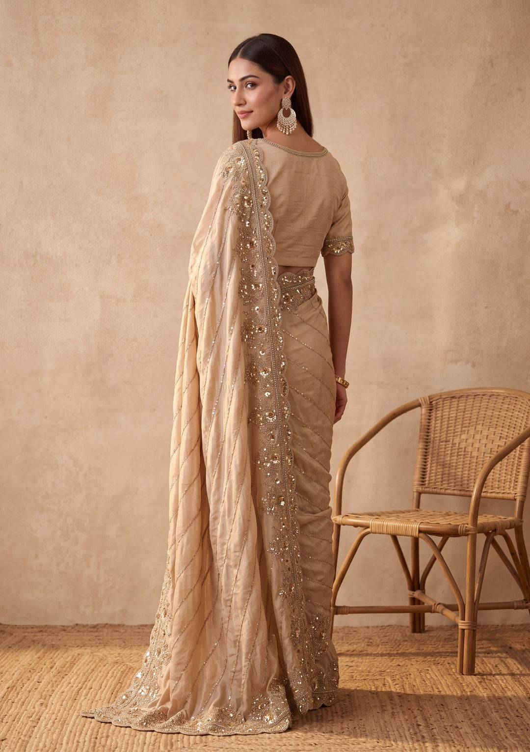 Beige Tissue Sequins Saree With Matching Blouse Piece