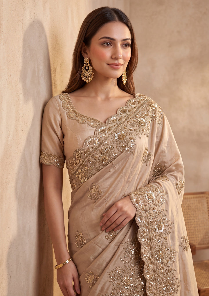Beige Tissue Sequins Saree With Matching Blouse Piece