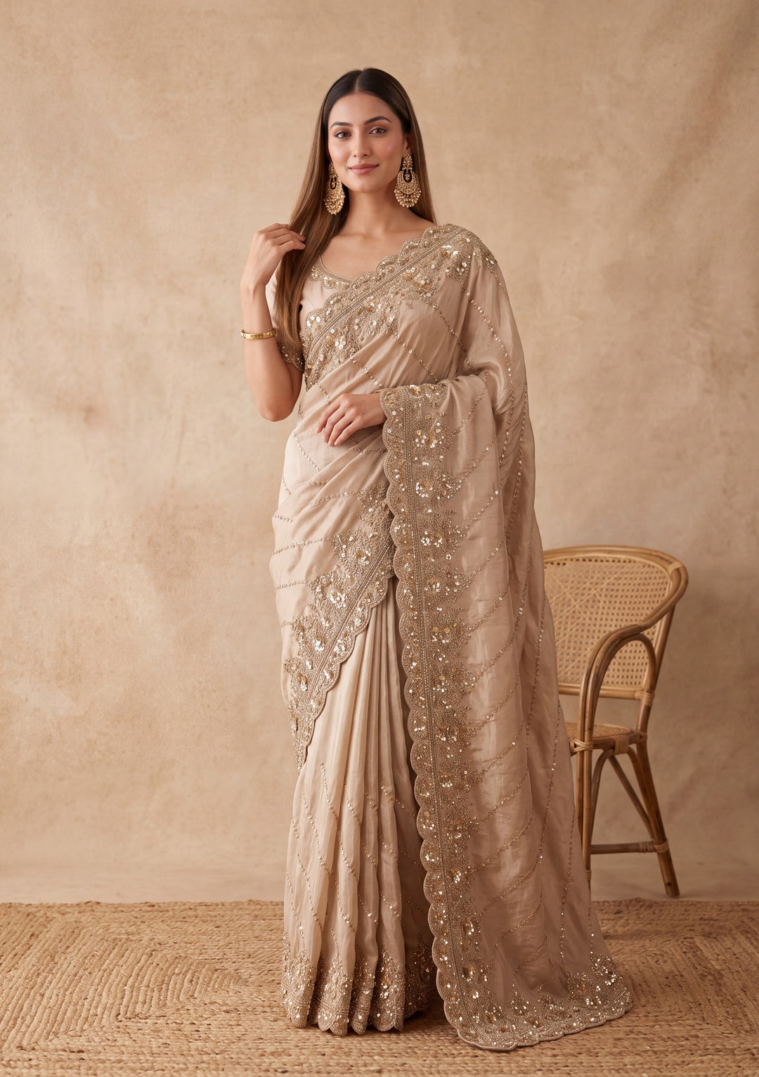 Beige Tissue Sequins Saree With Matching Blouse Piece