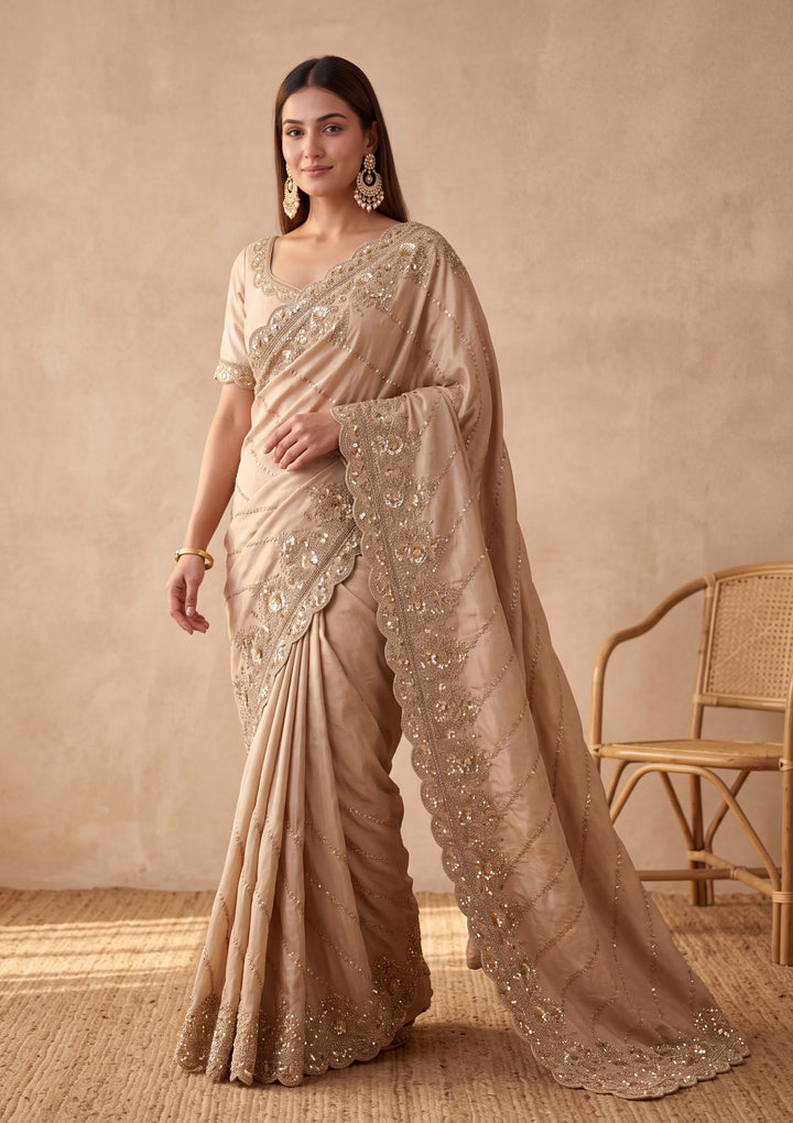Beige Tissue Sequins Saree With Matching Blouse Piece