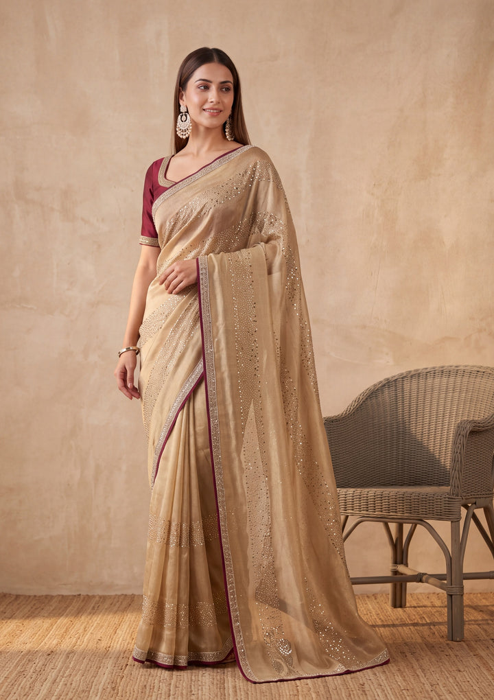 Beige Tissue Swarovski Saree With Matching Blouse Piece