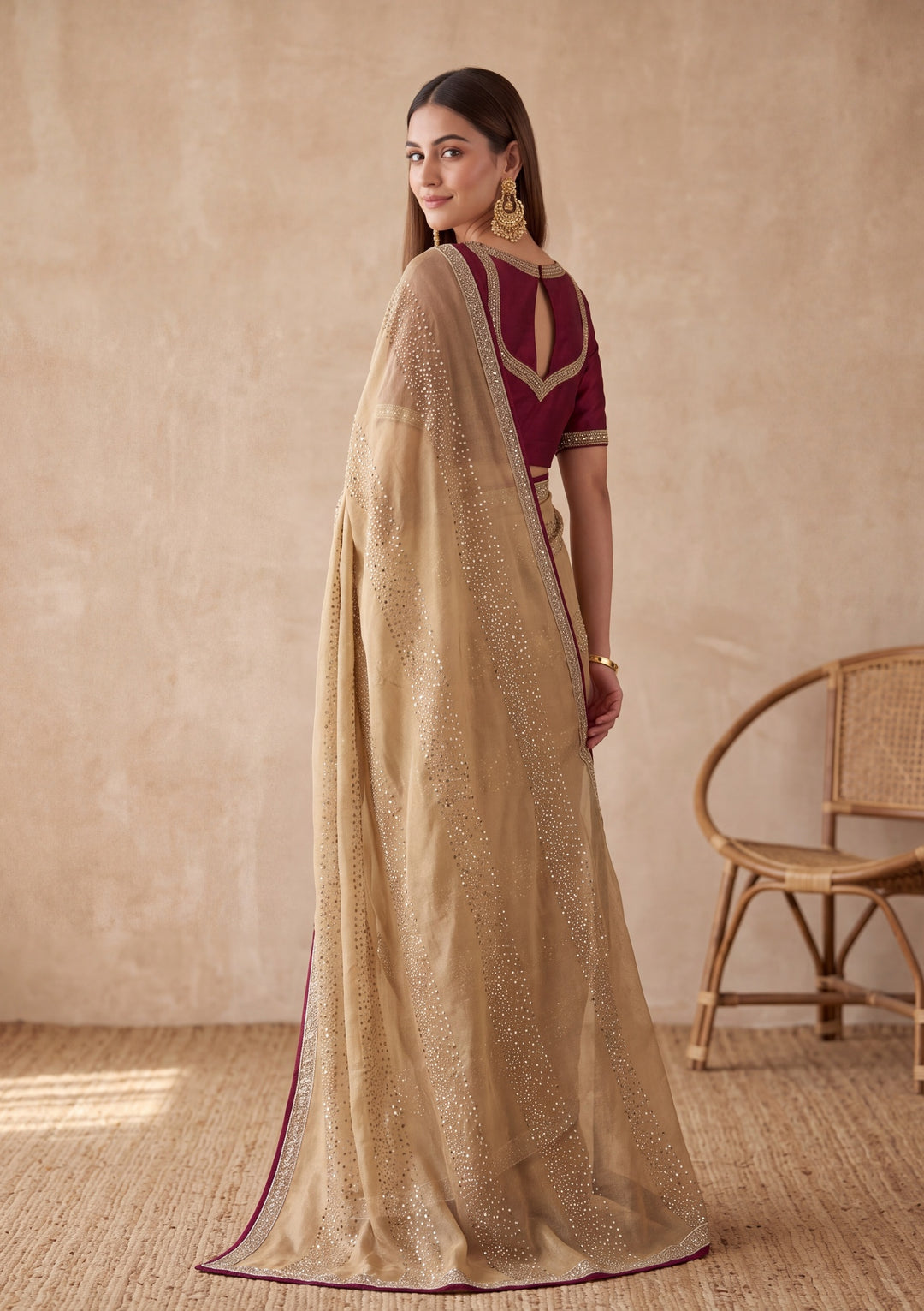 Beige Tissue Swarovski Saree With Matching Blouse Piece