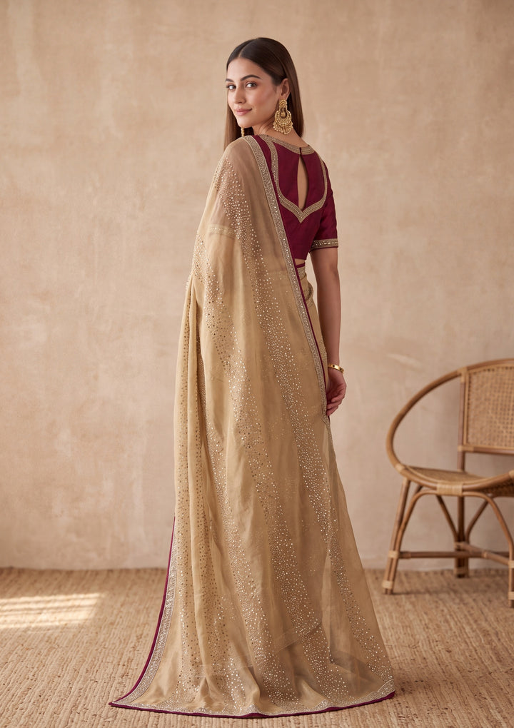 Beige Tissue Swarovski Saree With Matching Blouse Piece