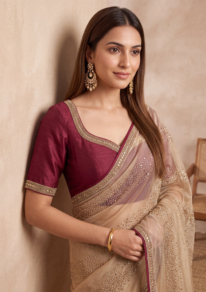 Beige Tissue Swarovski Saree With Matching Blouse Piece