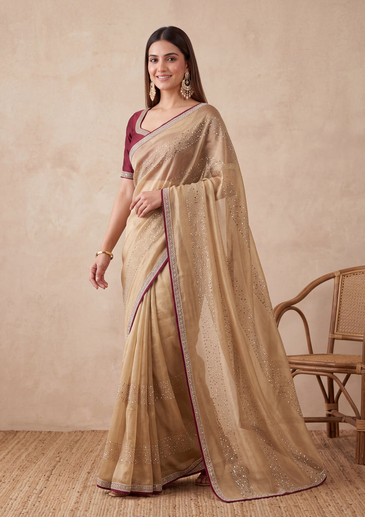 Beige Tissue Swarovski Saree With Matching Blouse Piece