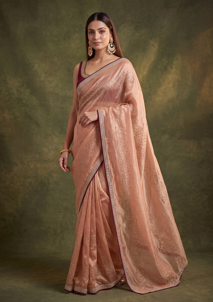 Peach Tissue Swarovski Saree With Matching Blouse Piece