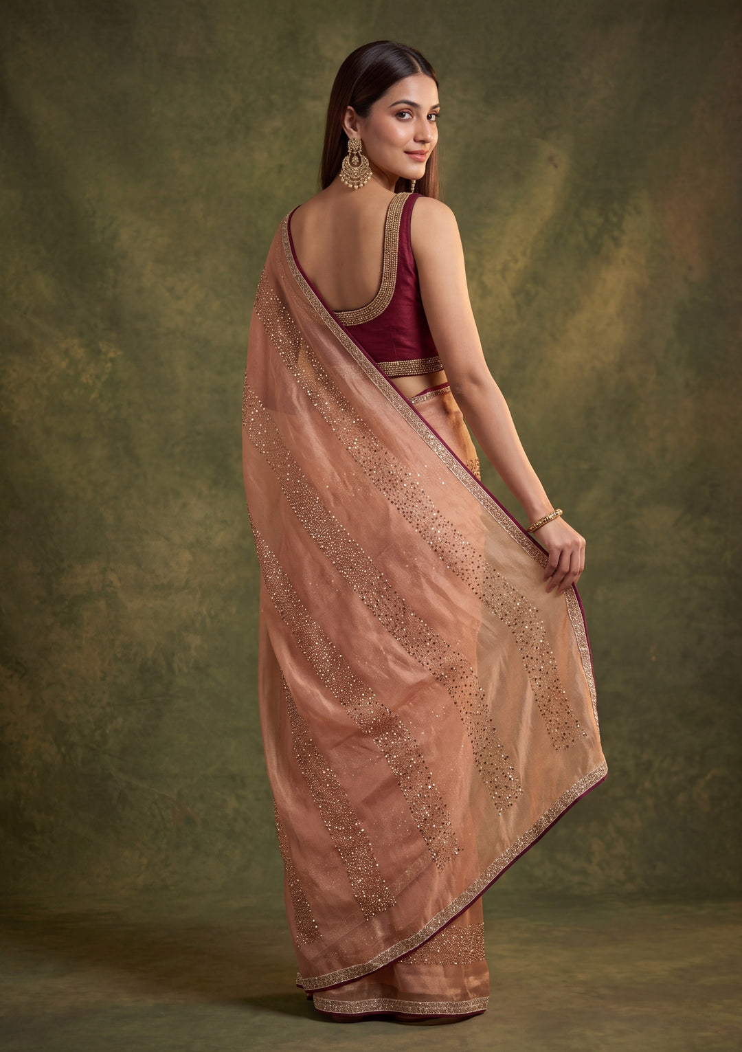 Peach Tissue Swarovski Saree With Matching Blouse Piece