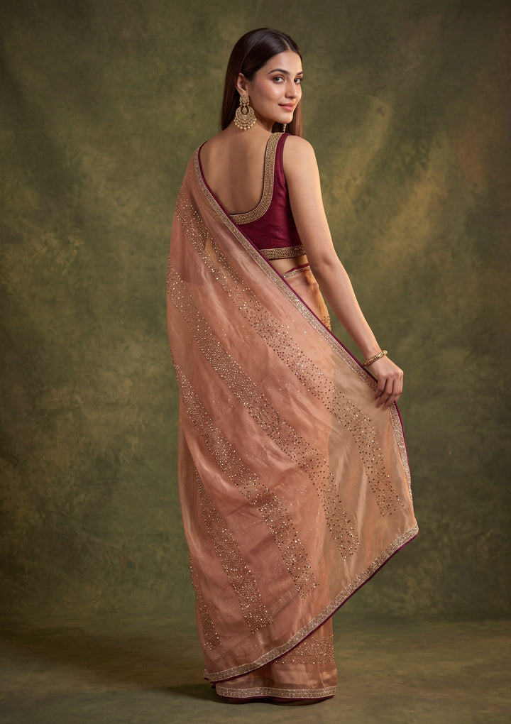 Peach Tissue Swarovski Saree With Matching Blouse Piece