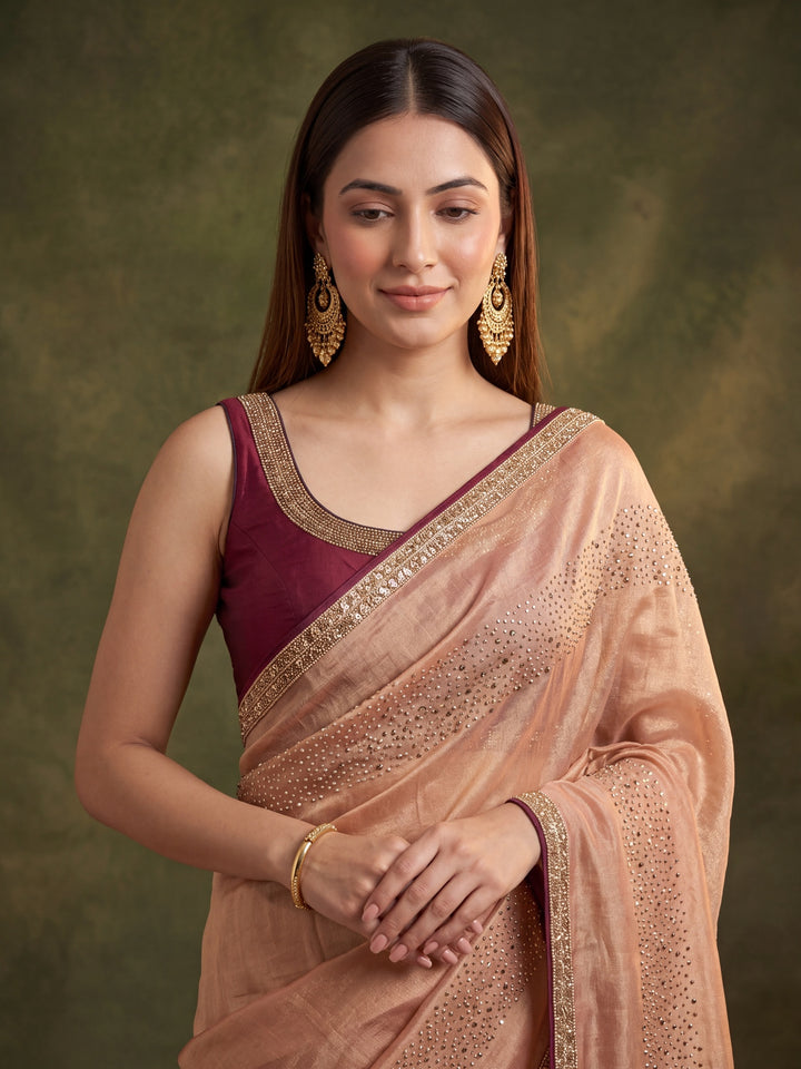 Peach Tissue Swarovski Saree With Matching Blouse Piece