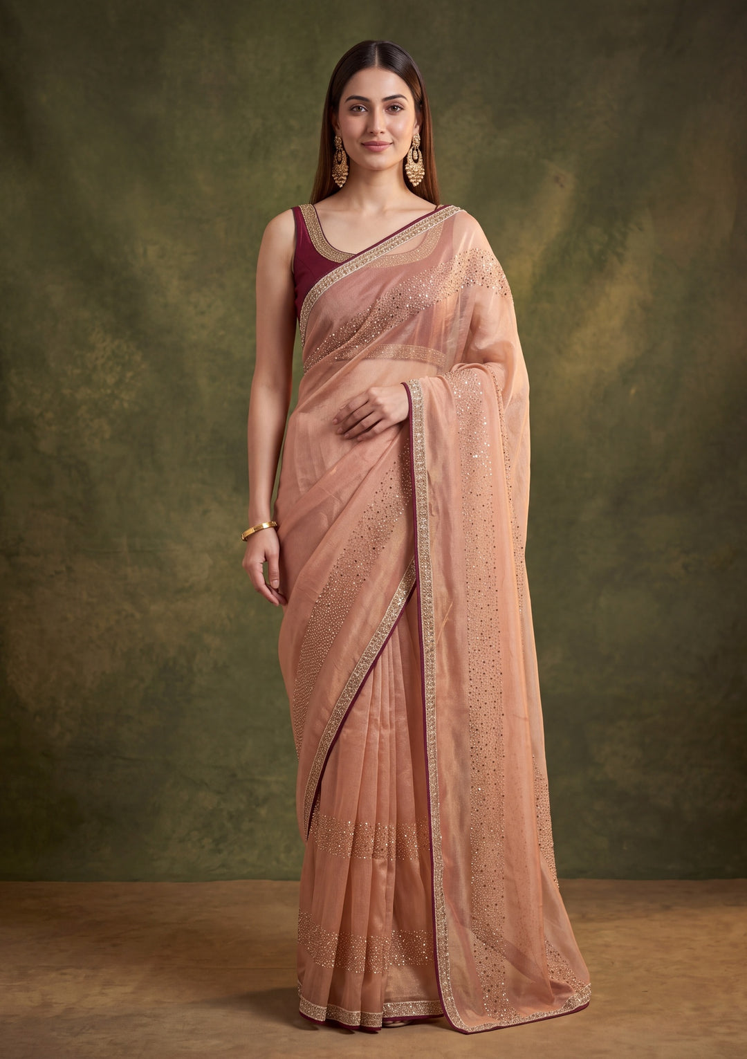 Peach Tissue Swarovski Saree With Matching Blouse Piece
