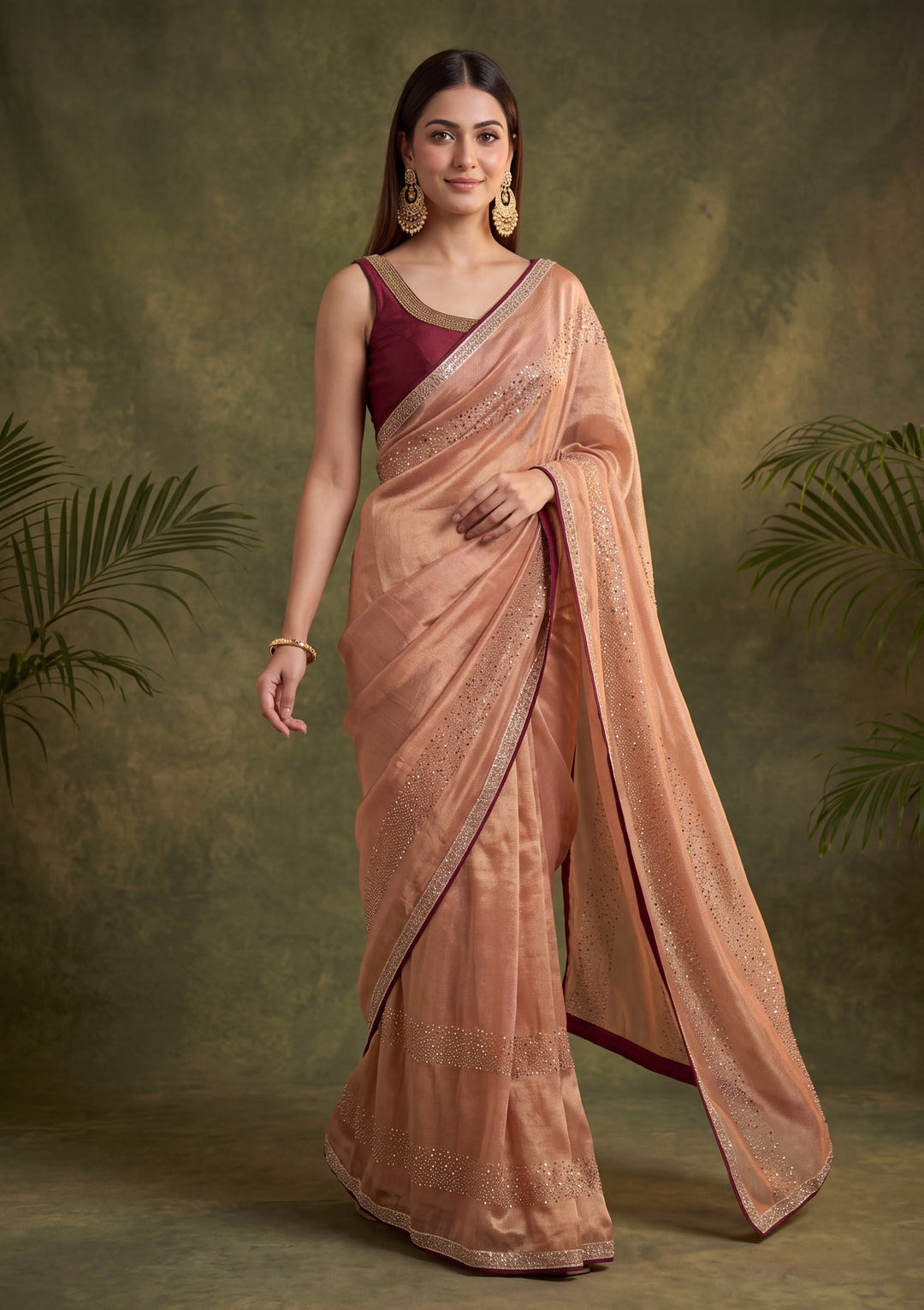 Peach Tissue Swarovski Saree With Matching Blouse Piece