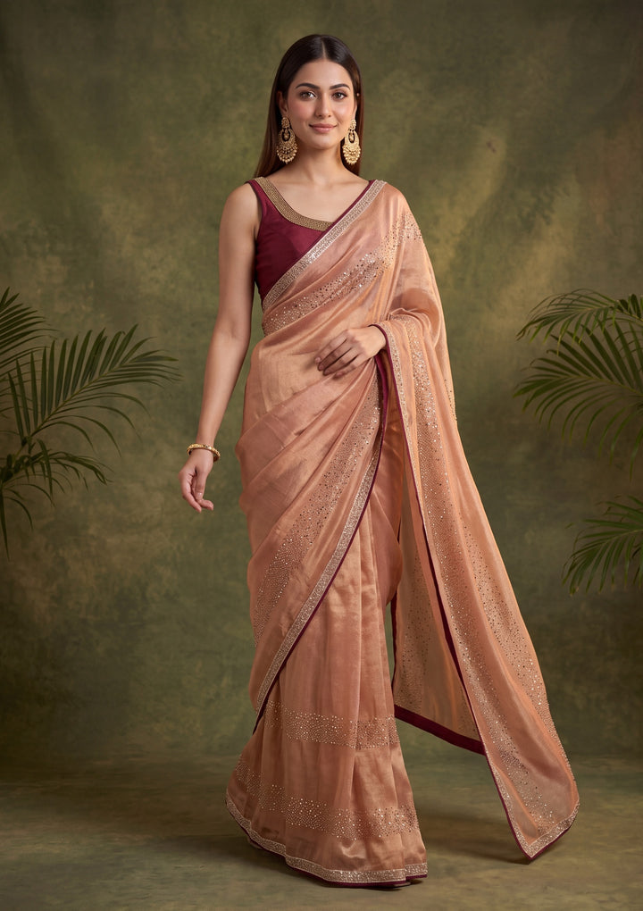 Peach Tissue Swarovski Saree With Matching Blouse Piece