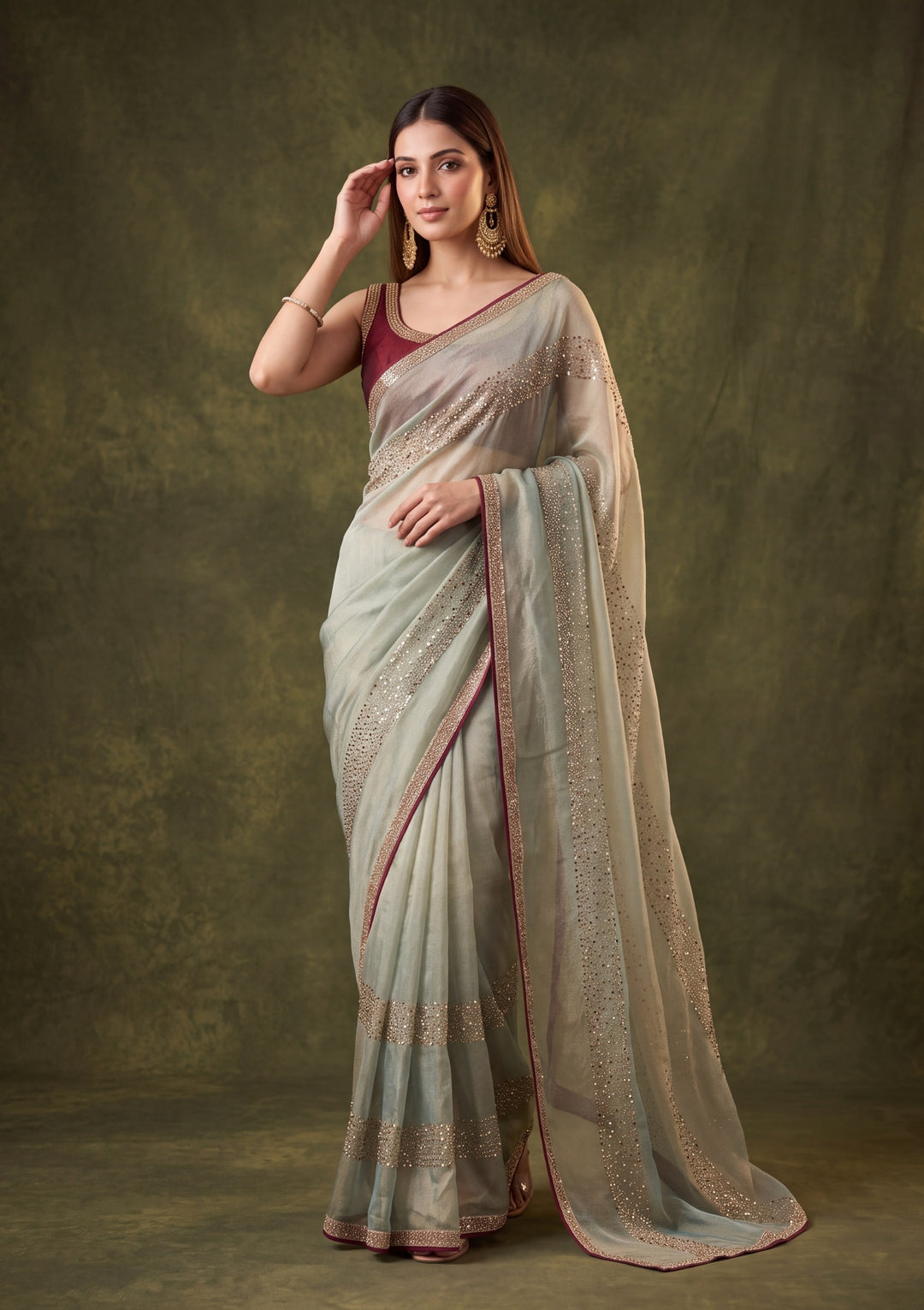 Sea Green Tissue Swarovski Saree With Matching Blouse Piece