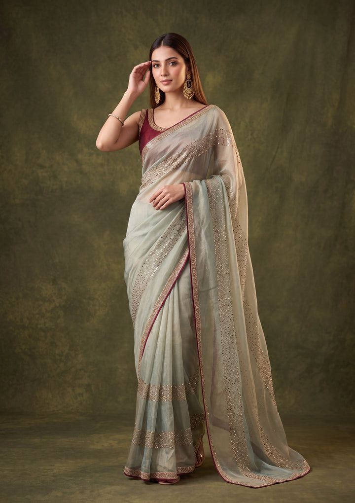 Sea Green Tissue Swarovski Saree With Matching Blouse Piece