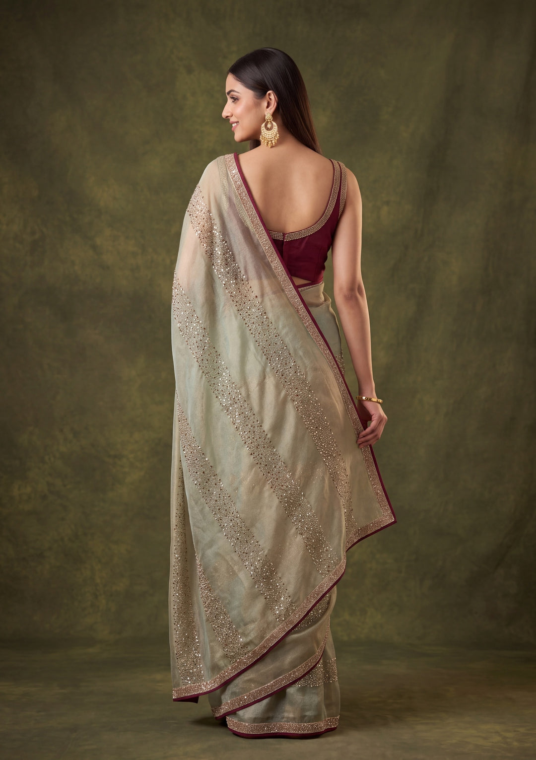 Sea Green Tissue Swarovski Saree With Matching Blouse Piece