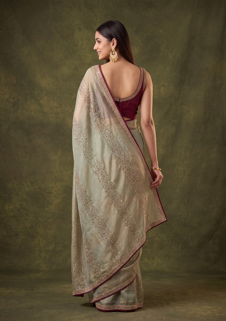 Sea Green Tissue Swarovski Saree With Matching Blouse Piece