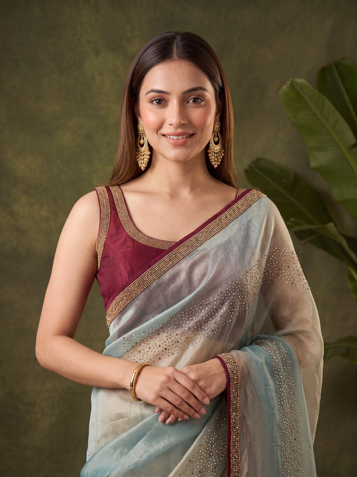 Sea Green Tissue Swarovski Saree With Matching Blouse Piece