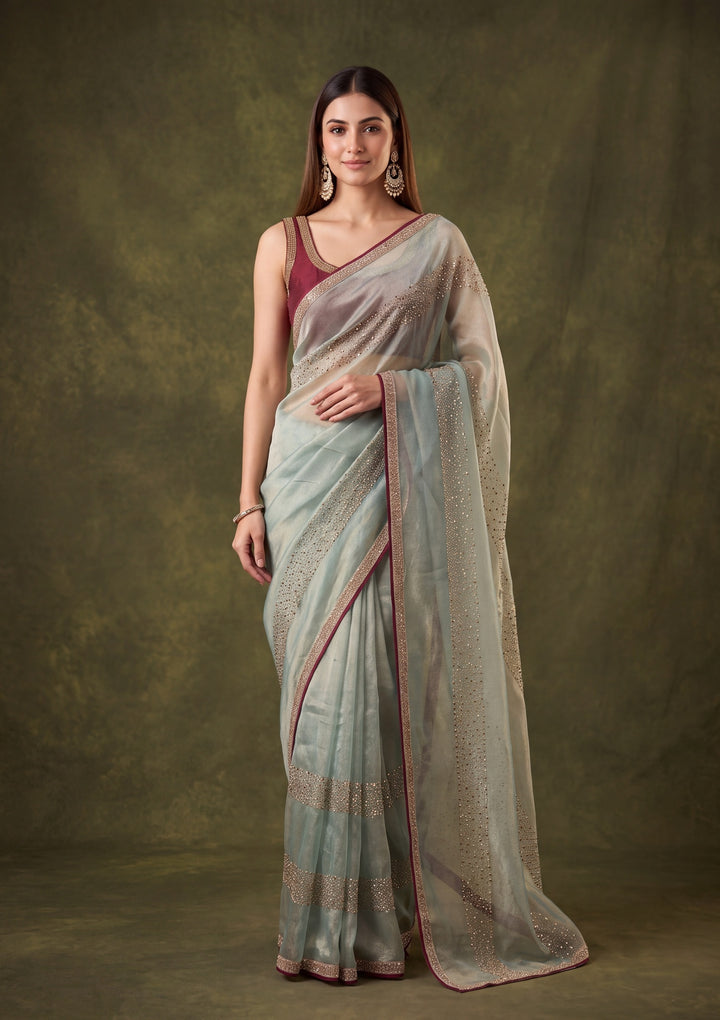 Sea Green Tissue Swarovski Saree With Matching Blouse Piece