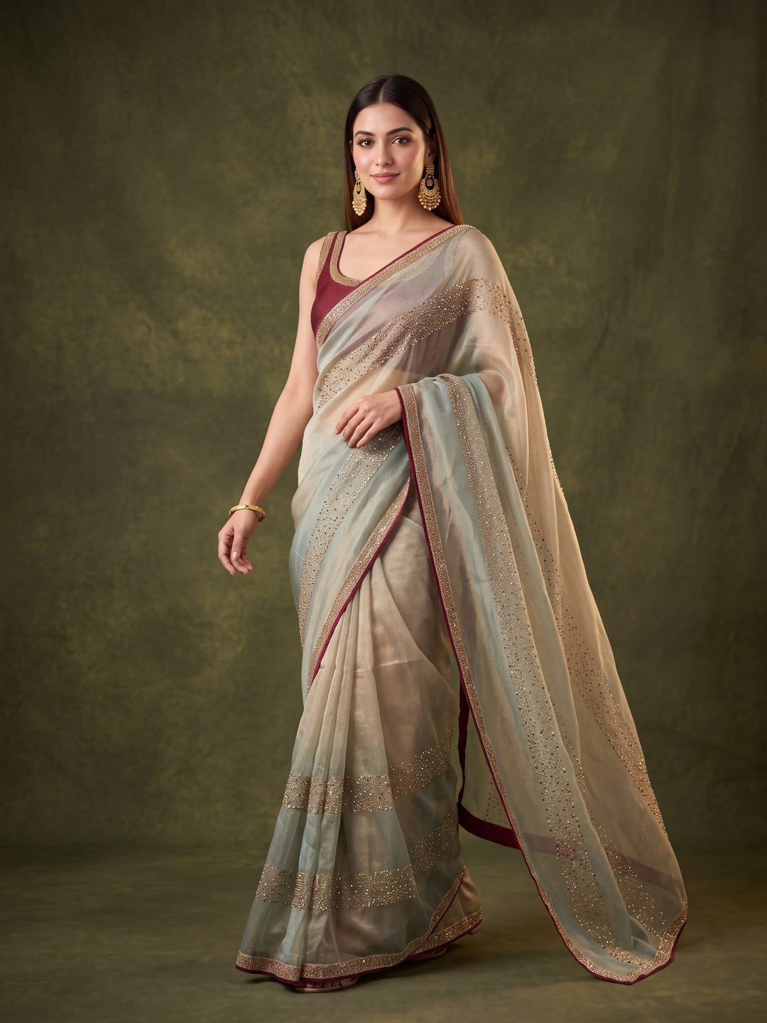 Sea Green Tissue Swarovski Saree With Matching Blouse Piece