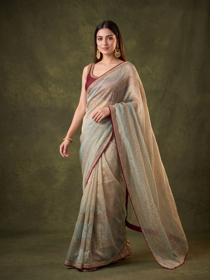 Sea Green Tissue Swarovski Saree With Matching Blouse Piece