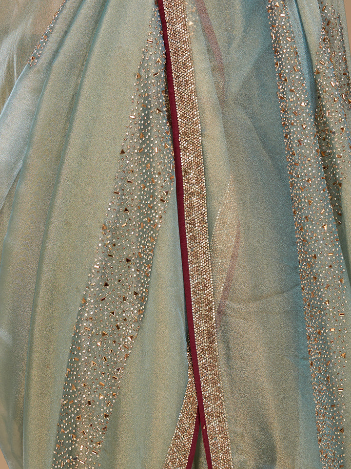 Sea Green Tissue Swarovski Saree With Matching Blouse Piece
