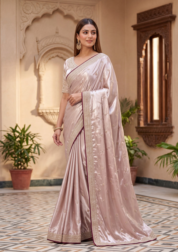 Baby Pink Tissue Cording Saree With Matching Blouse Piece