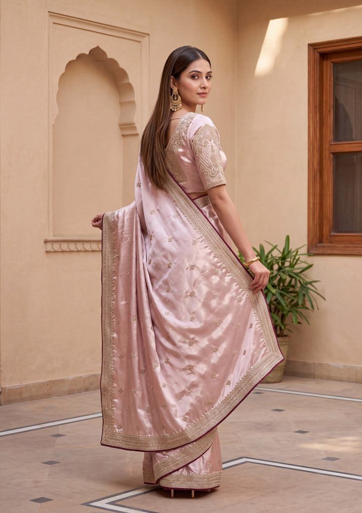 Baby Pink Tissue Cording Saree With Matching Blouse Piece