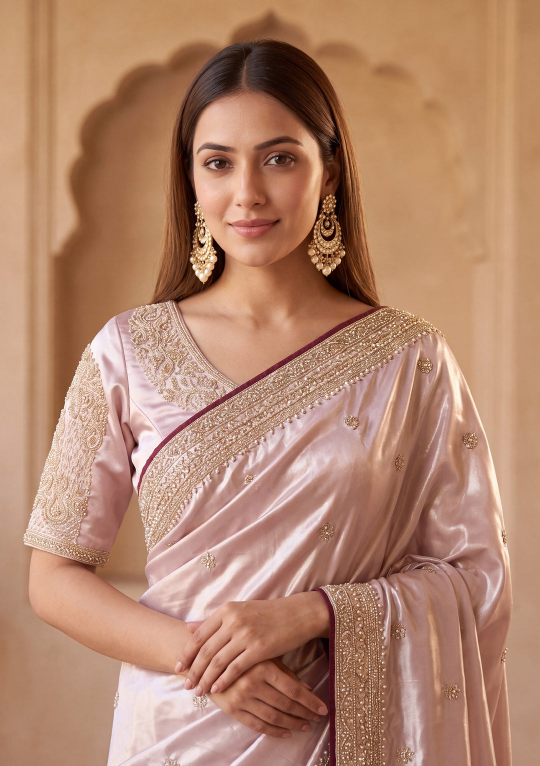 Baby Pink Tissue Cording Saree With Matching Blouse Piece