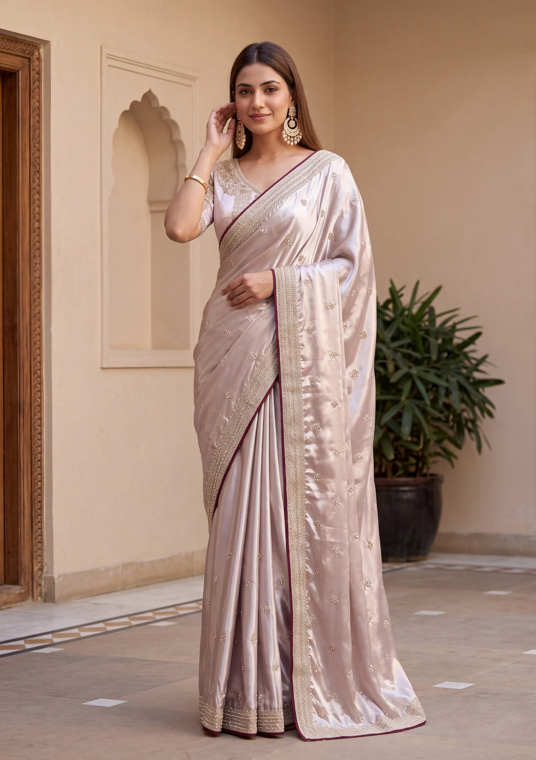 Baby Pink Tissue Cording Saree With Matching Blouse Piece