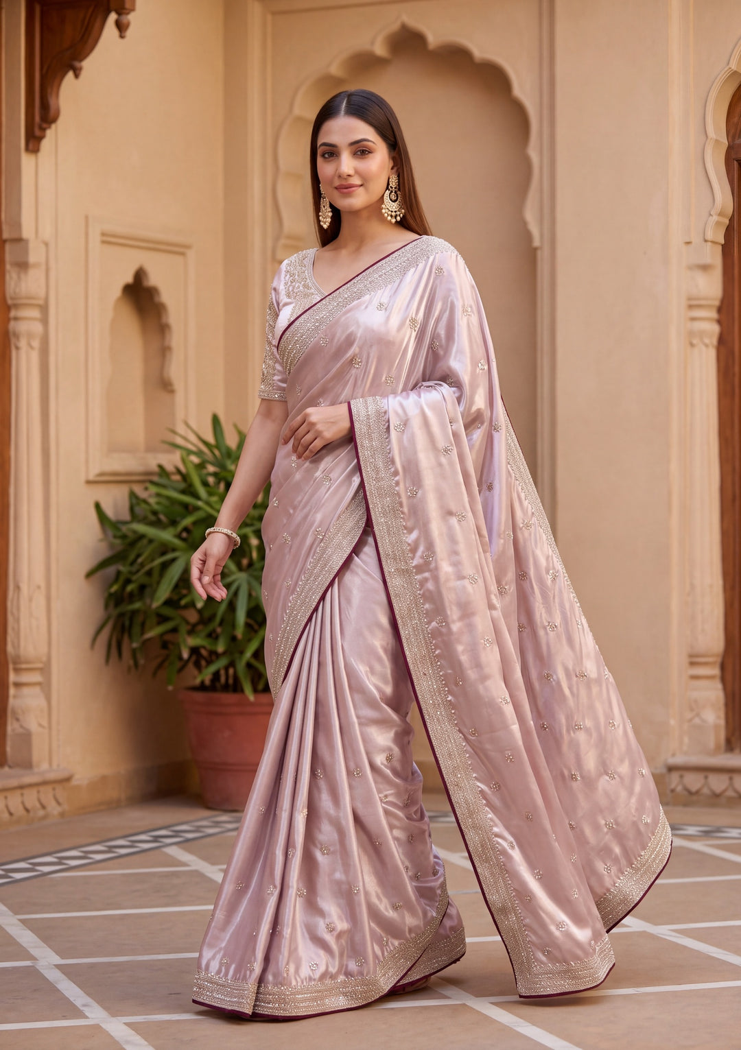 Baby Pink Tissue Cording Saree With Matching Blouse Piece