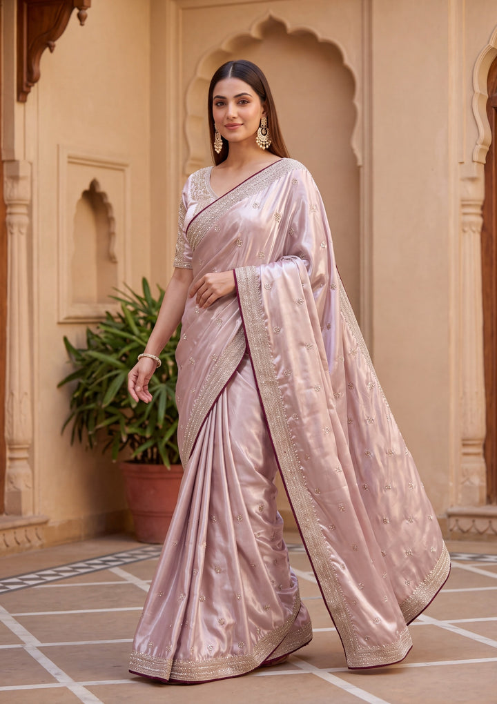 Baby Pink Tissue Cording Saree With Matching Blouse Piece