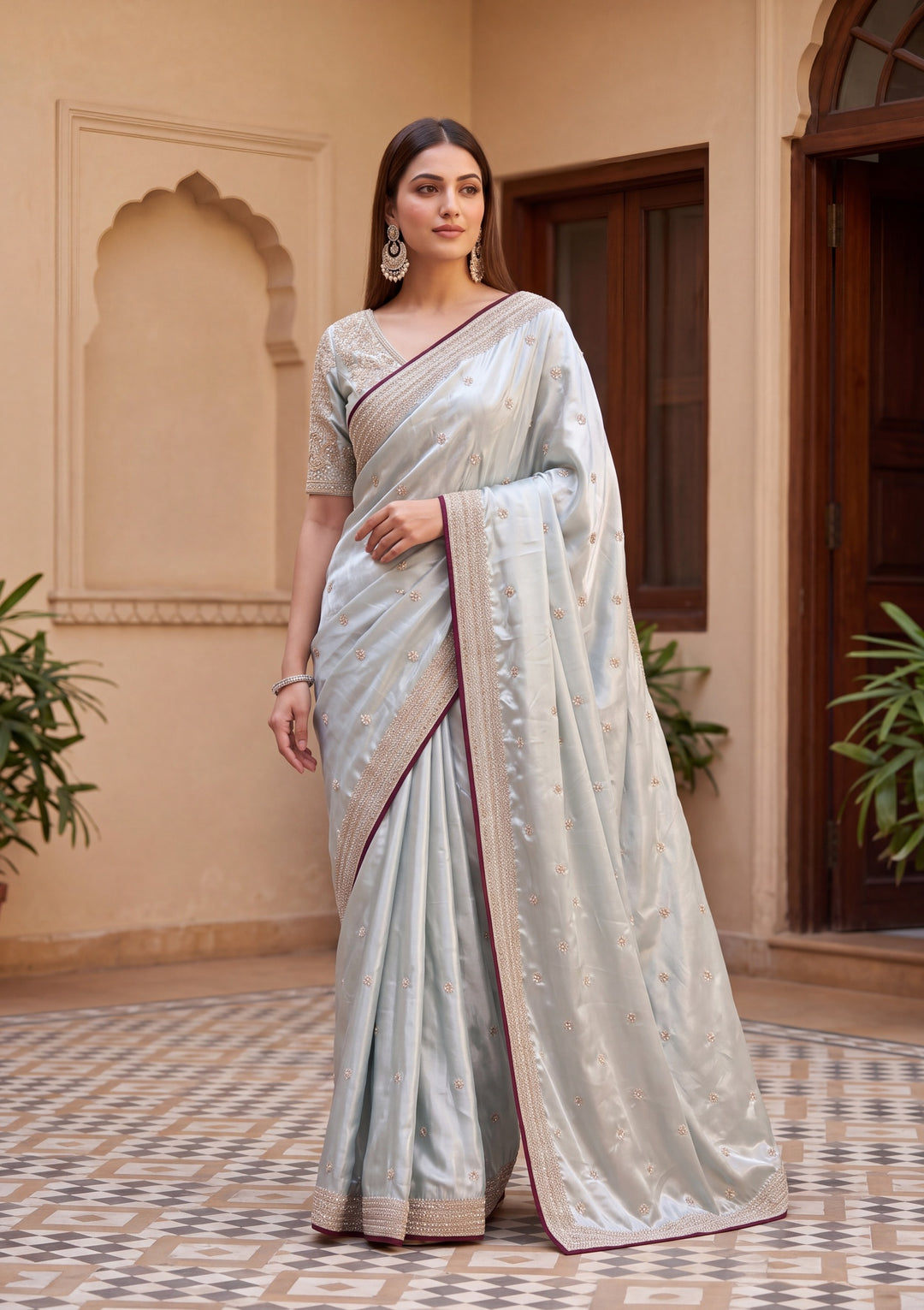 Sea Green Satin Pearlwork Saree With Matching Blouse Piece