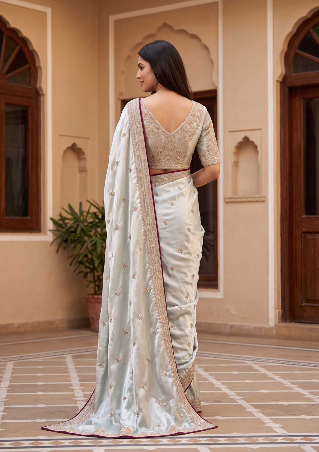 Sea Green Satin Pearlwork Saree With Matching Blouse Piece