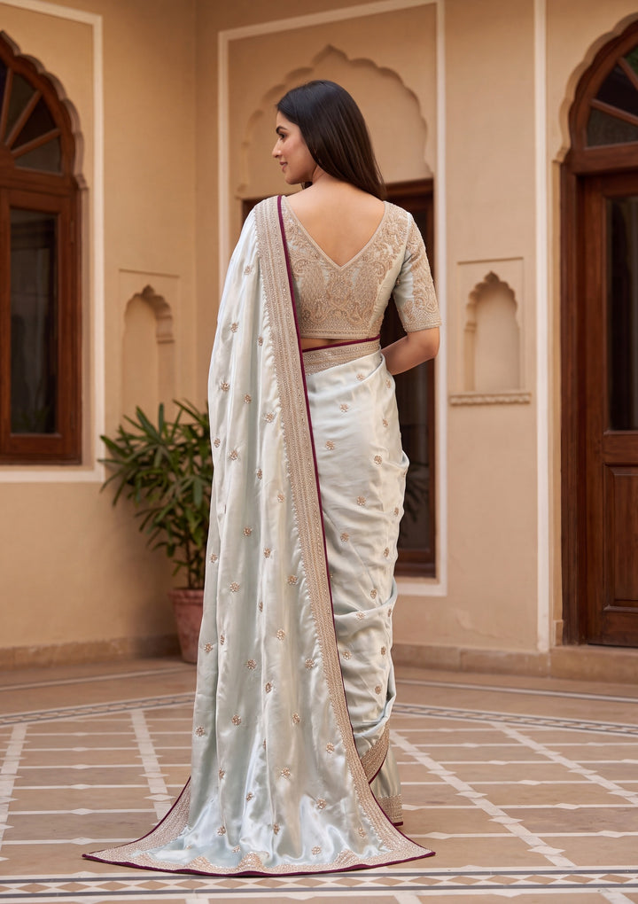 Sea Green Satin Pearlwork Saree With Matching Blouse Piece