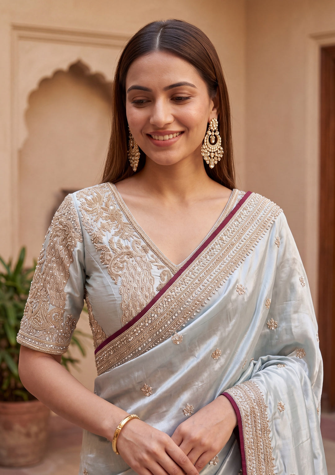 Sea Green Satin Pearlwork Saree With Matching Blouse Piece