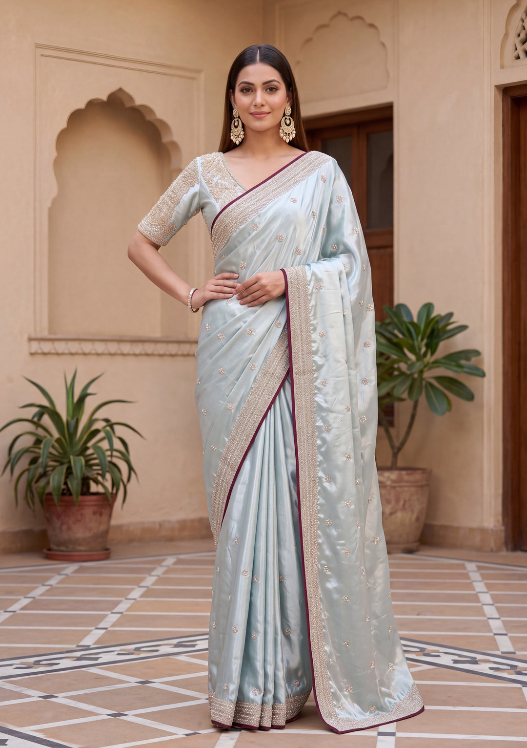 Sea Green Satin Pearlwork Saree With Matching Blouse Piece