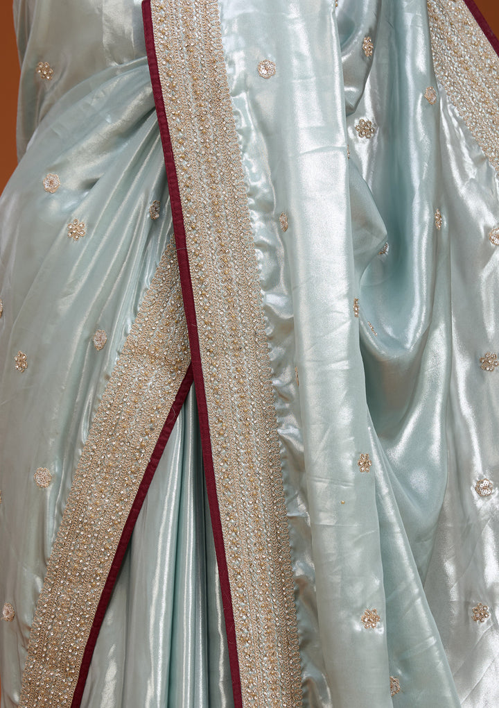 Sea Green Satin Pearlwork Saree With Matching Blouse Piece