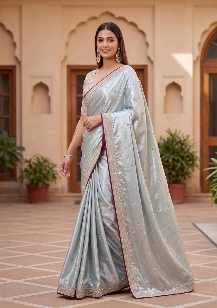 Sea Green Satin Pearlwork Saree With Matching Blouse Piece