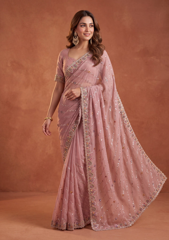 Baby Pink Tissue Threadwork Saree With Matching Blouse Piece