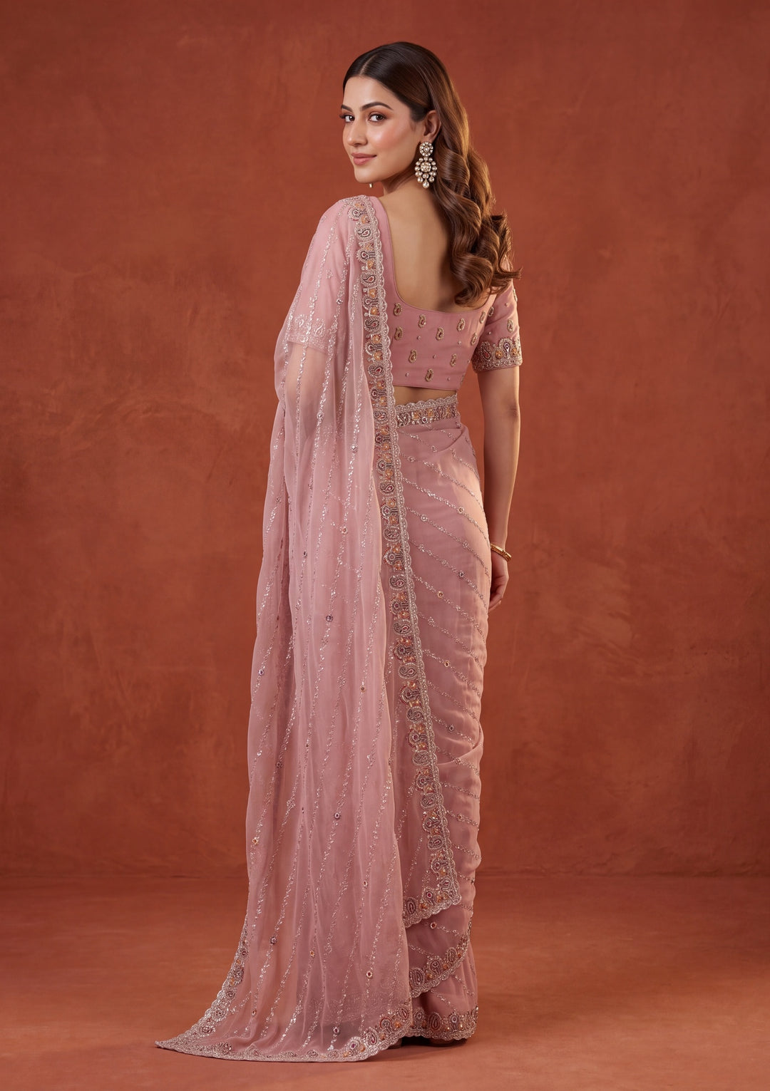 Baby Pink Tissue Threadwork Saree With Matching Blouse Piece