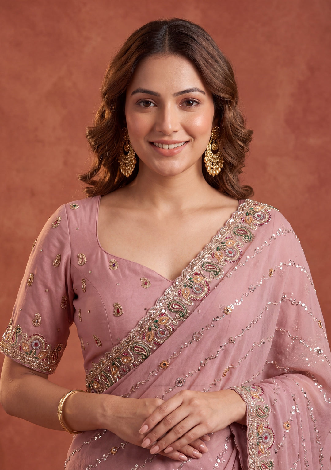 Baby Pink Tissue Threadwork Saree With Matching Blouse Piece