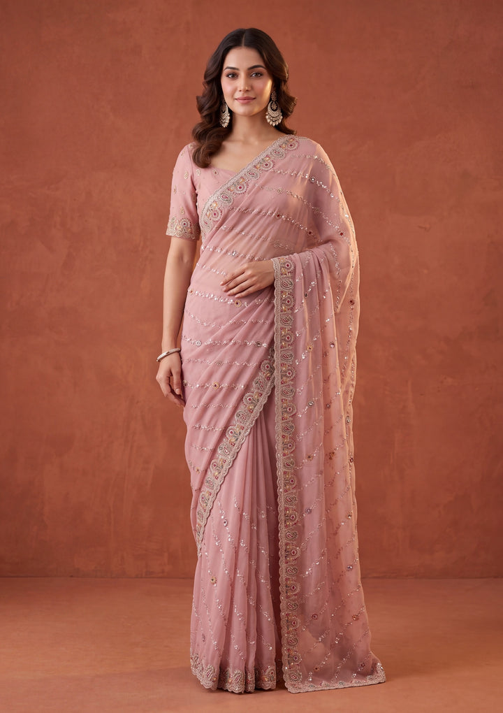Baby Pink Tissue Threadwork Saree With Matching Blouse Piece
