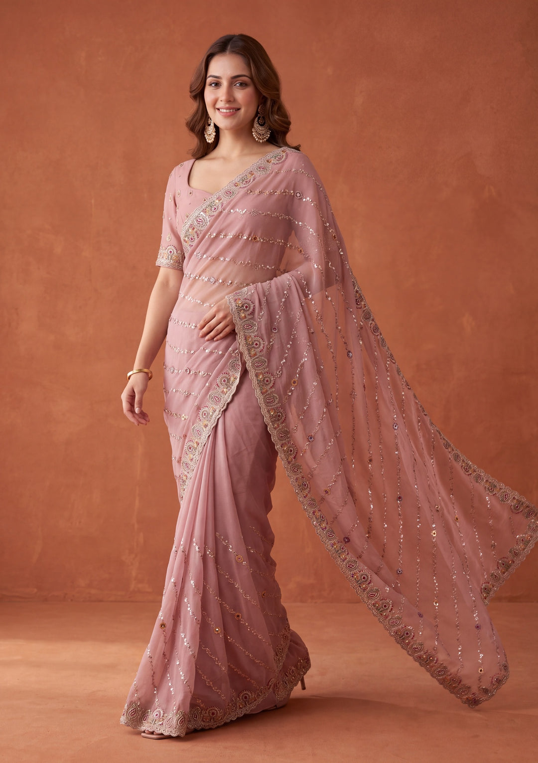 Baby Pink Tissue Threadwork Saree With Matching Blouse Piece